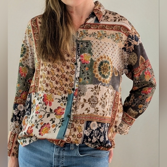 Zara Tops - ZARA Women's Floral Patchwork Button-Up Blouse, Sz S